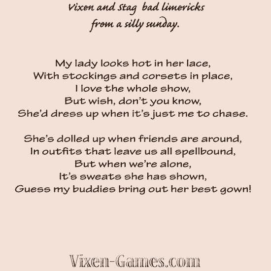 Vixen wife attire funny limericks from a stag husband 